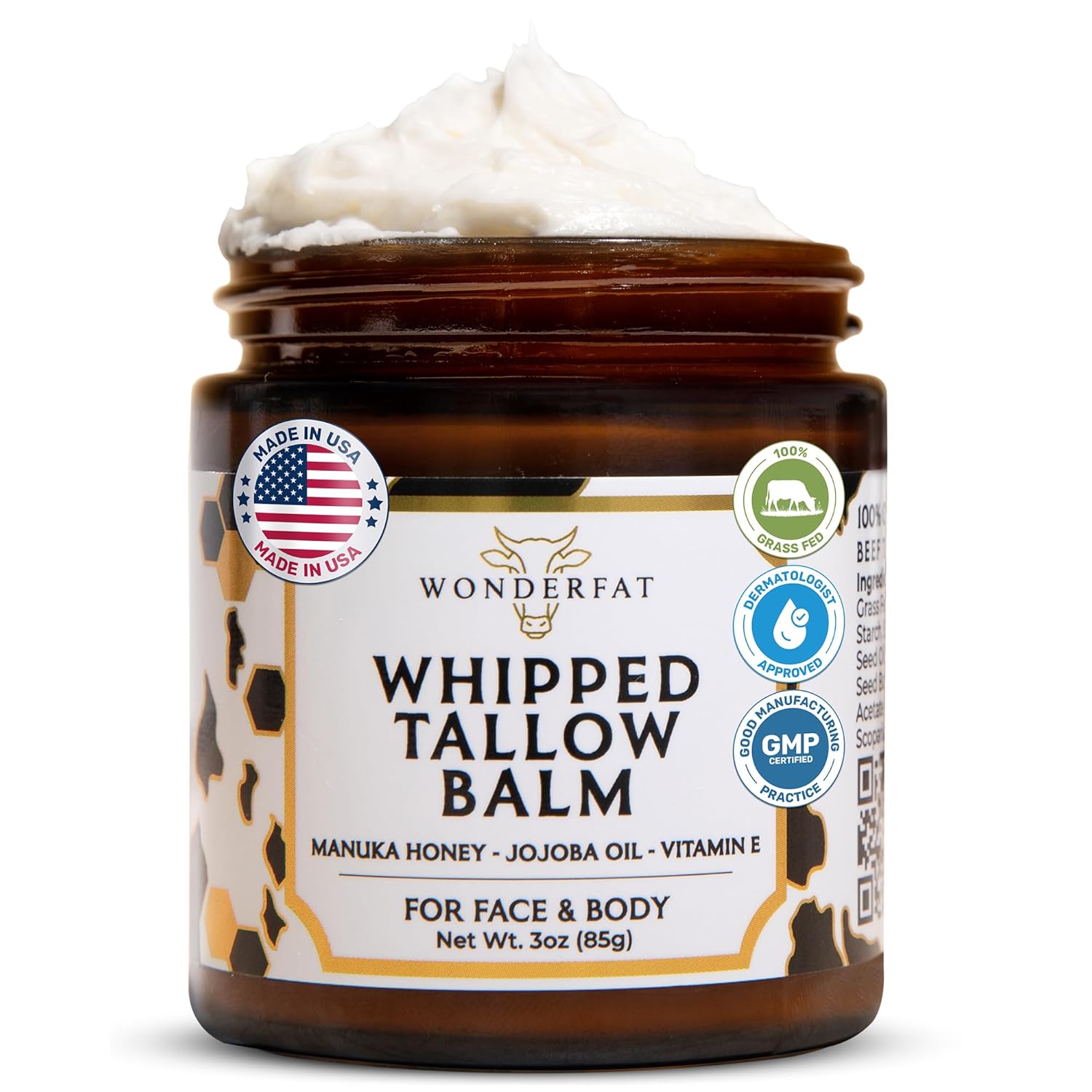 Grass-Fed Whipped Tallow Balm – Face & Body Moisturizer with Manuka Honey – Lightweight, Fast-Absorbing Hydration for Dry, Sensitive Skin – Unscented, Clean Formula – 3 oz