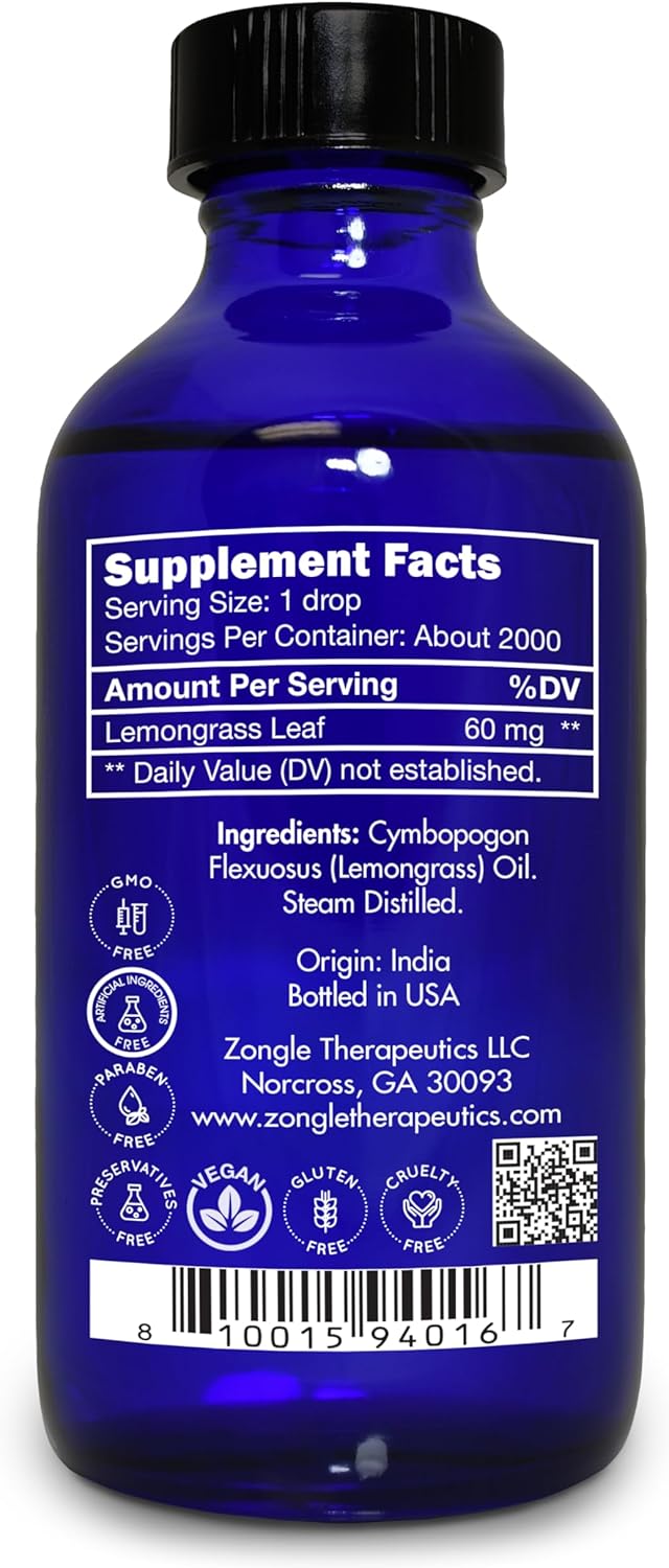 Lemongrass Essential Oil, Food Grade, Edible – 100% Pure, Lemongrass Oil,by Zongle Therapeutics, 4 OZ