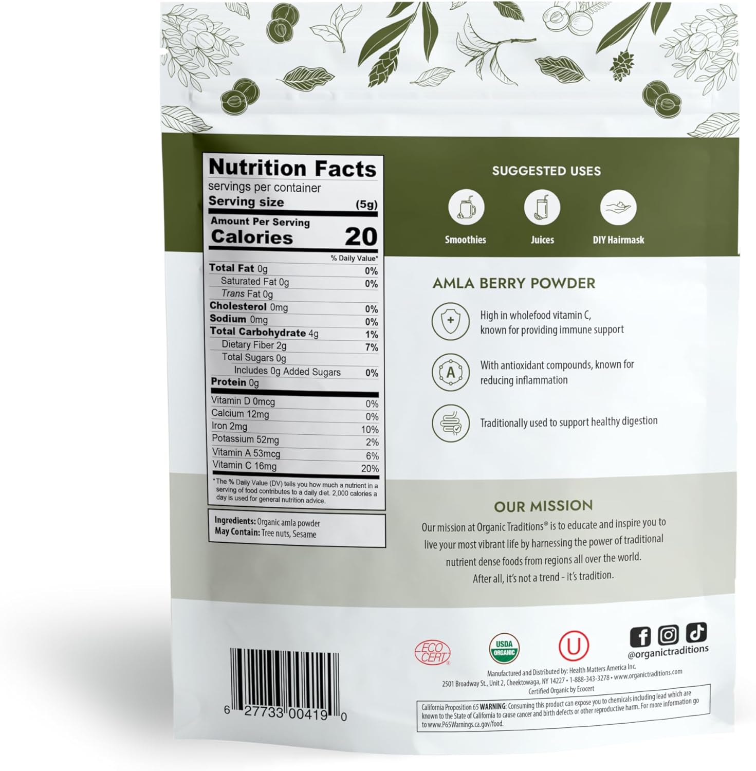 Organic Traditions Organic Amla Berry Powder, Powdered Amla Indian Gooseberry, Non-GMO Organic Powdered Fruit Superfood, 7oz (200g) Bag