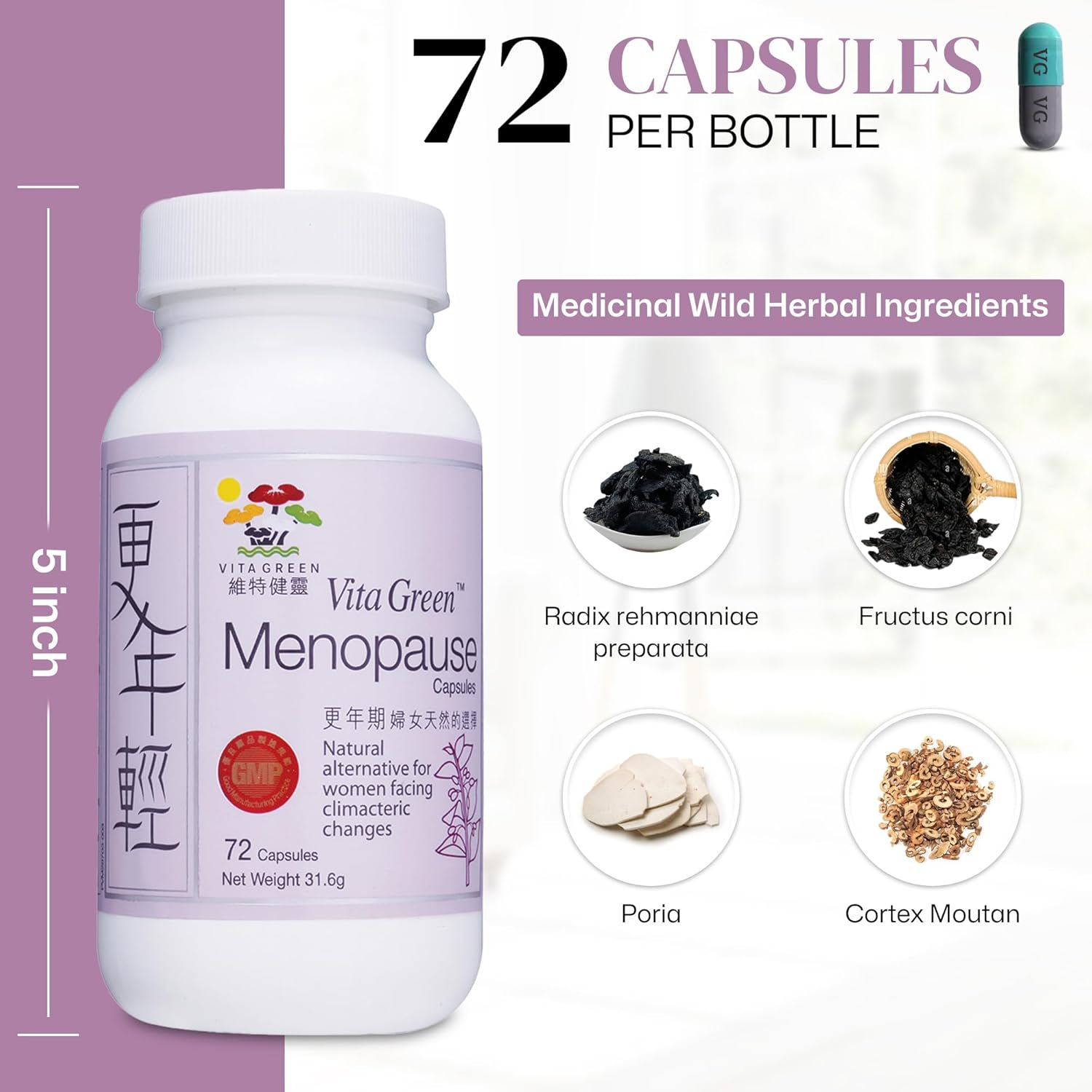 Vita Green Menopause Supplements for Women, Hot Flashes Menopause Relief, Menopausal Symptoms, Hormonal Skin & Hair Condition Improve, Sleep Relief, Night Sweats, 100% Natural - 72 Capsules