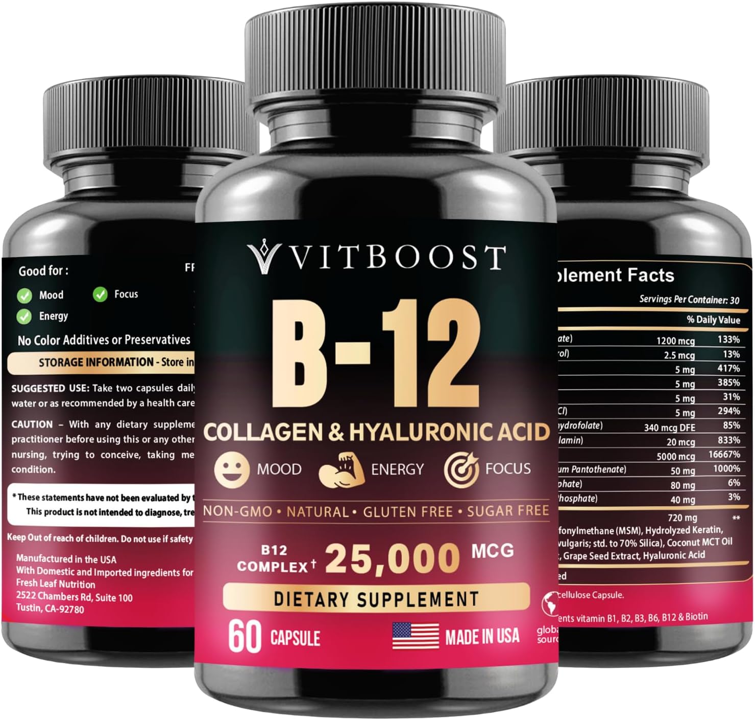 B12 Methylcobalamin with Hyaluronic Acid, Collagen, and Folate – 25000 mcg Supplement Enhance Absorption & Boost Energy | Gluten-Free, Made in USA, B1, B2, B3, B6, B7 Complex - Pack of 2