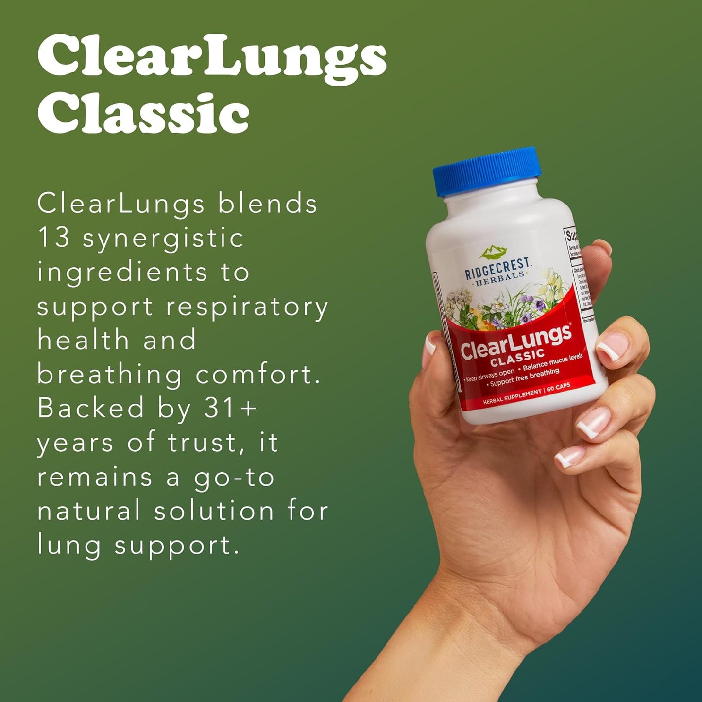 RidgeCrest Herbals ClearLungs Classic, Natural Lung and Nasal Daily Health Supplement for Bronchial, Respiratory, Immune, Sinus, and Mucus Wellness Support, Herbal Formula (60 Caps, 30 Serv)