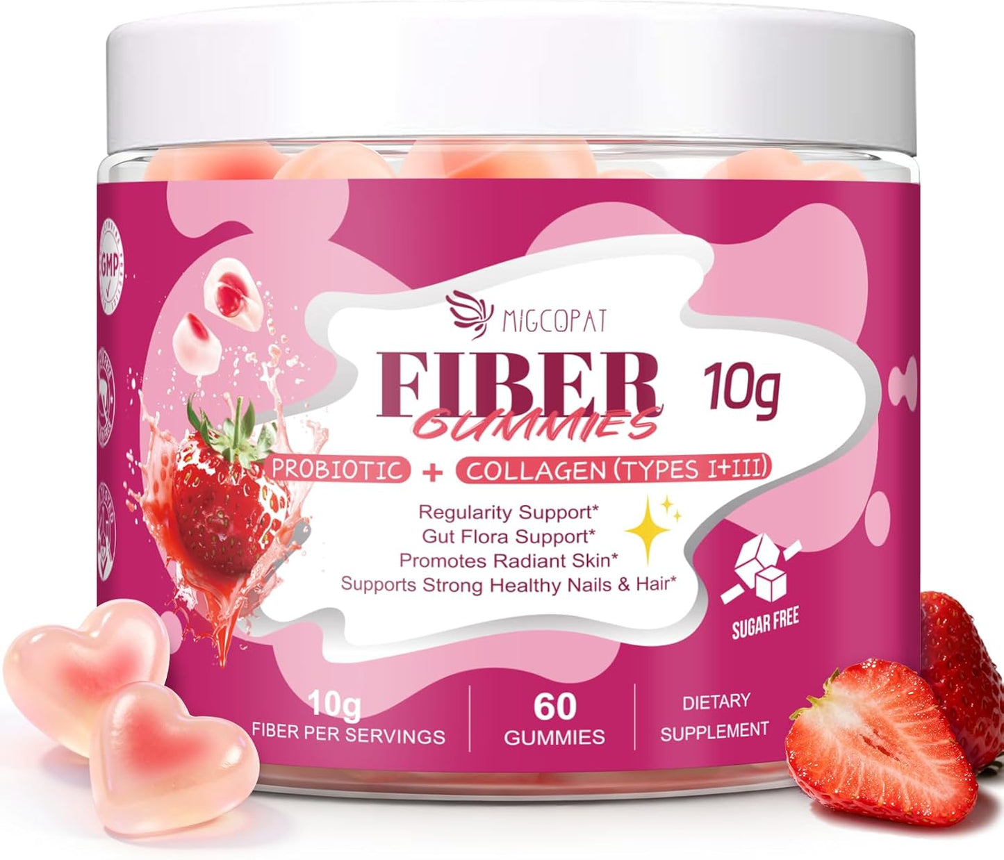 10G Fiber Gummies with Collagen Peptides, Hyaluronic Acid, Vitamin C, ACV, 30 Billion CFU Probiotics – Sugar Free Collagen Gummy for Skin, Hair & Nails – Digestive Health Support – 60 Cts