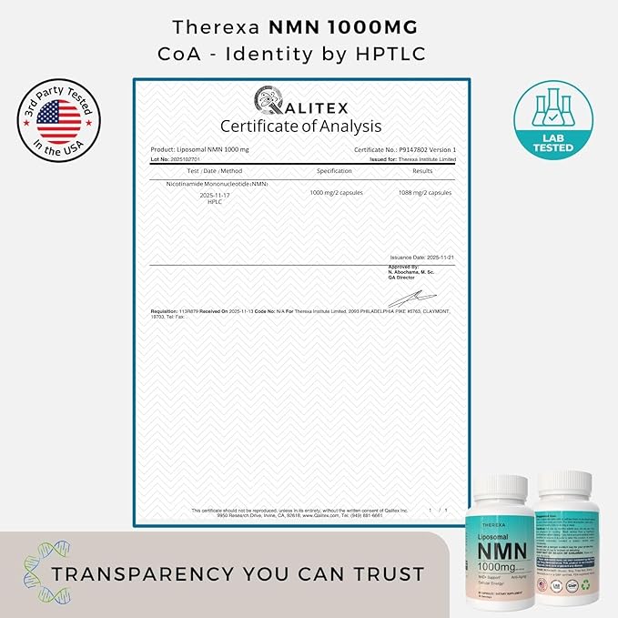 NMN Supplement 1000mg Pure - Liposomal NMN for NAD+ Supplement, Tested in USA, 60 Capsules