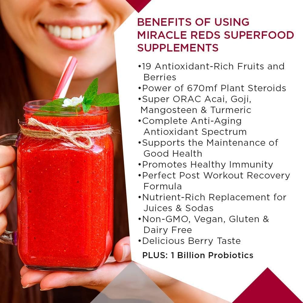 MacroLife Naturals Miracle Reds Superfood Powder 19 Blended Fruit & Berry Polyphenols Enzymes Probiotics & Antioxidants Supplement - Raw Non-GMO & Vegan Whole Food Vitamins - 12 Packet Servings
