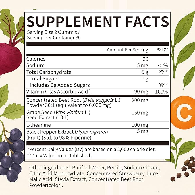 Beet Root Gummies – Blood Pressure Support & Mood Support, Super Nitric Oxide Beets Supplement with Grape Seed, L-Theanine & Vitamin C, Sugar-Free Vegan, 30:1 Beet Root Extract, 60 Strawberry Chews