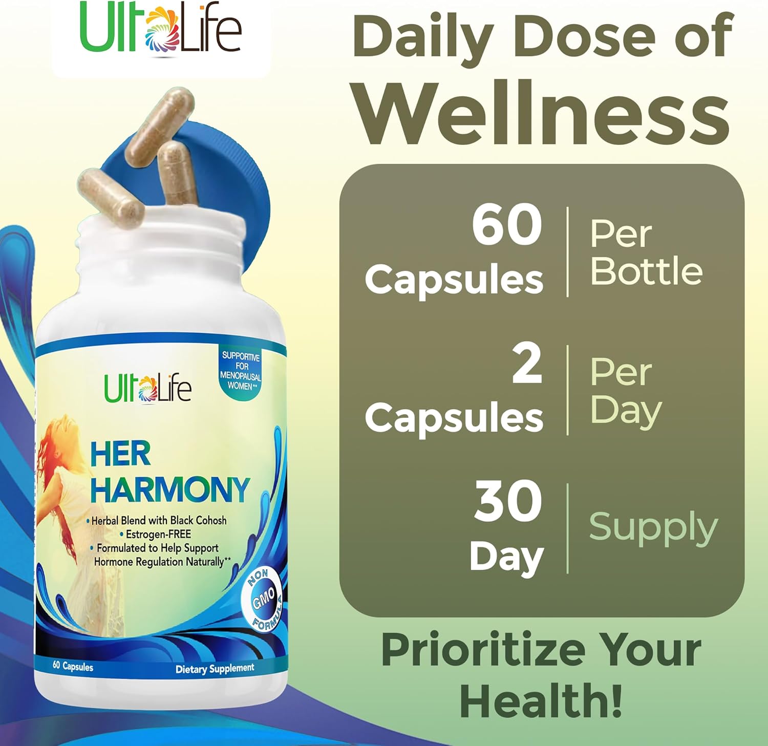UltaLife Her Harmony Menopause Supplements for Women - Hot Flashes Menopause Relief & Hormone Balance for Women - Contains Black Cohosh, Dong Quai, Red Clover & More - Estrogen Free - 60 Capsules