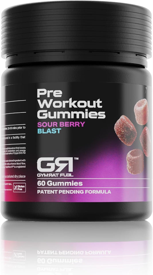 GymRat Pre Workout Gummies – Sour Berry Flavor, Intense Energy & Focus, First with Purple Force™, Vasodrive-AP, Guarana, Pea & L-Theanine – USA Made & GMP Certified (60 Ct)