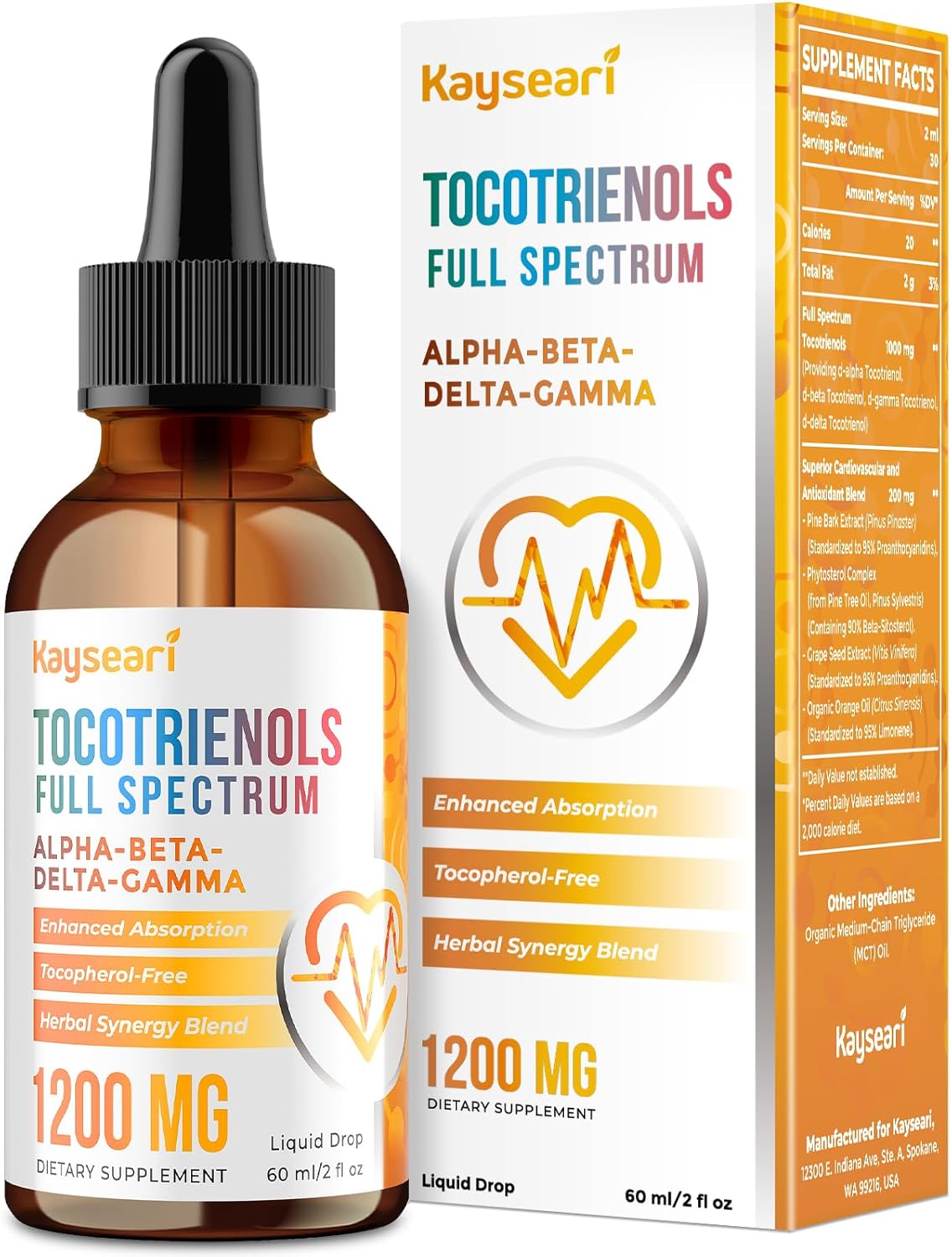 Full Spectrum of Tocotrienols Supplement 1200mg- Tocotrienol Vitamin E Liquid,Tocopherol-Free - Superior Antioxidant Blend - Higher Absorption - 2 fl oz,30 Servings