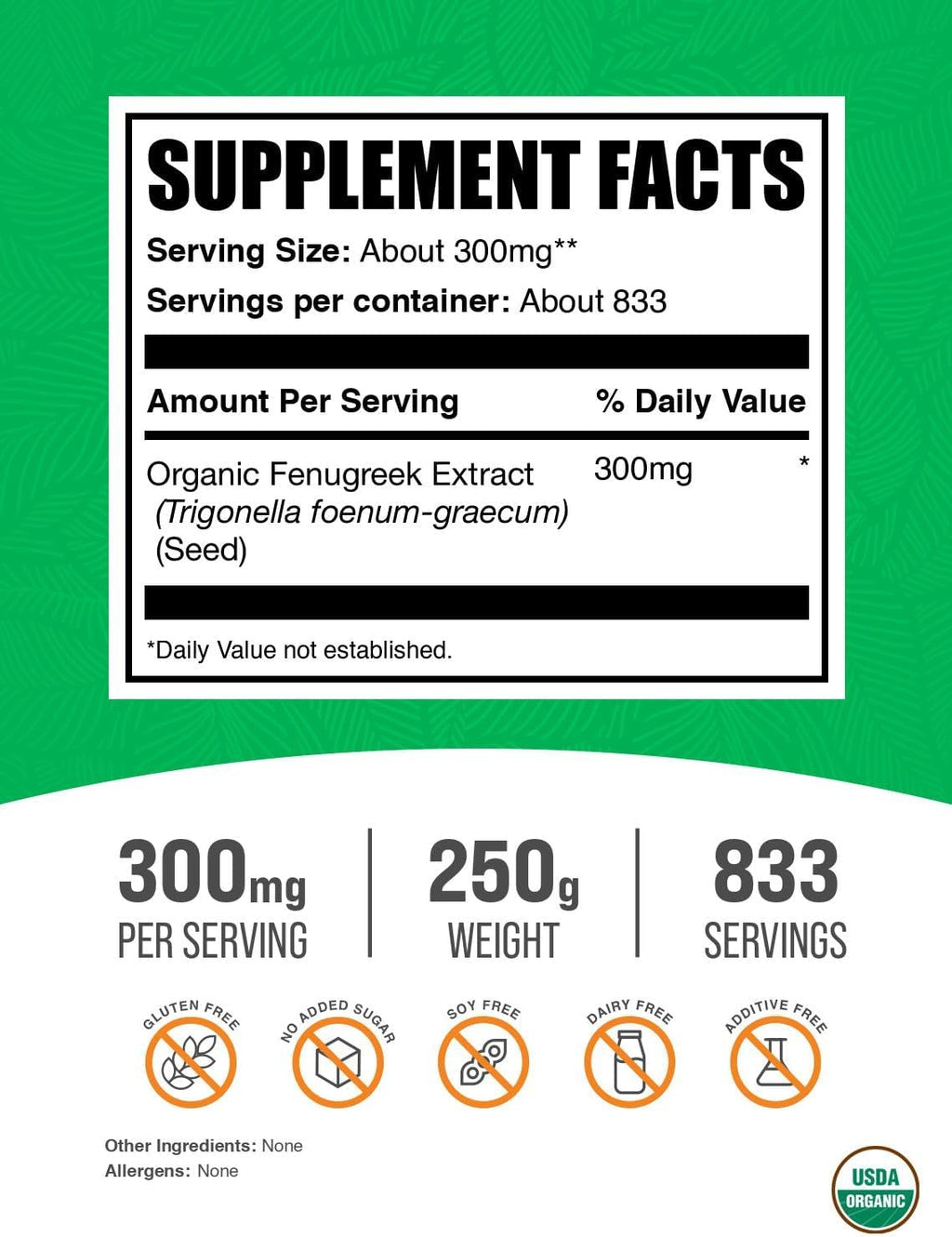BulkSupplements.com Organic Fenugreek Extract Powder - Herbal Supplement, from Fenugreek Seeds - Gluten Free, 300mg per Serving, 250g (8.8 oz) (Pack of 1)