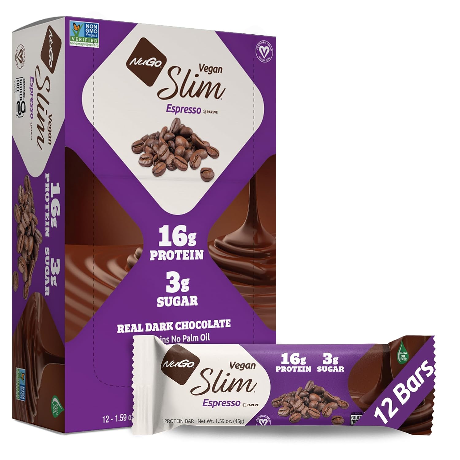 NuGo Slim Dark Chocolate Espresso, 16g Vegan Protein, 3g Sugar, 7g Fiber, Low Net Carb, Keto Friendly, Gluten Free, 12 Count