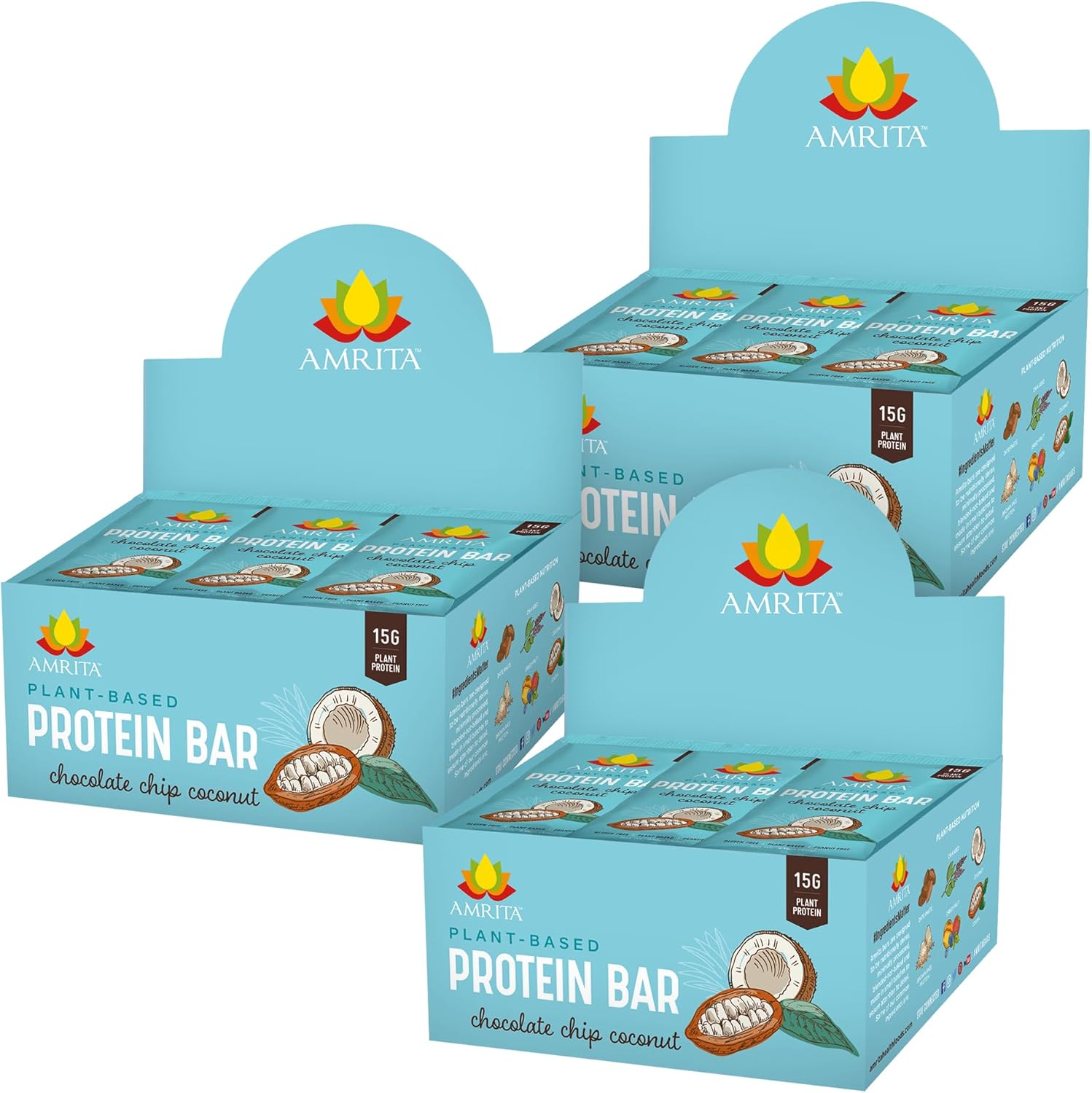 Amrita Nut Free Chocolate Chip Coconut Vegan Protein Bars (12 CT PK of 3) | 12g Plant-Based Protein Bar | Peanut Free, Gluten Free, and Dairy Free | Low Sugar, High Fiber, Healthy School-Safe Snacks