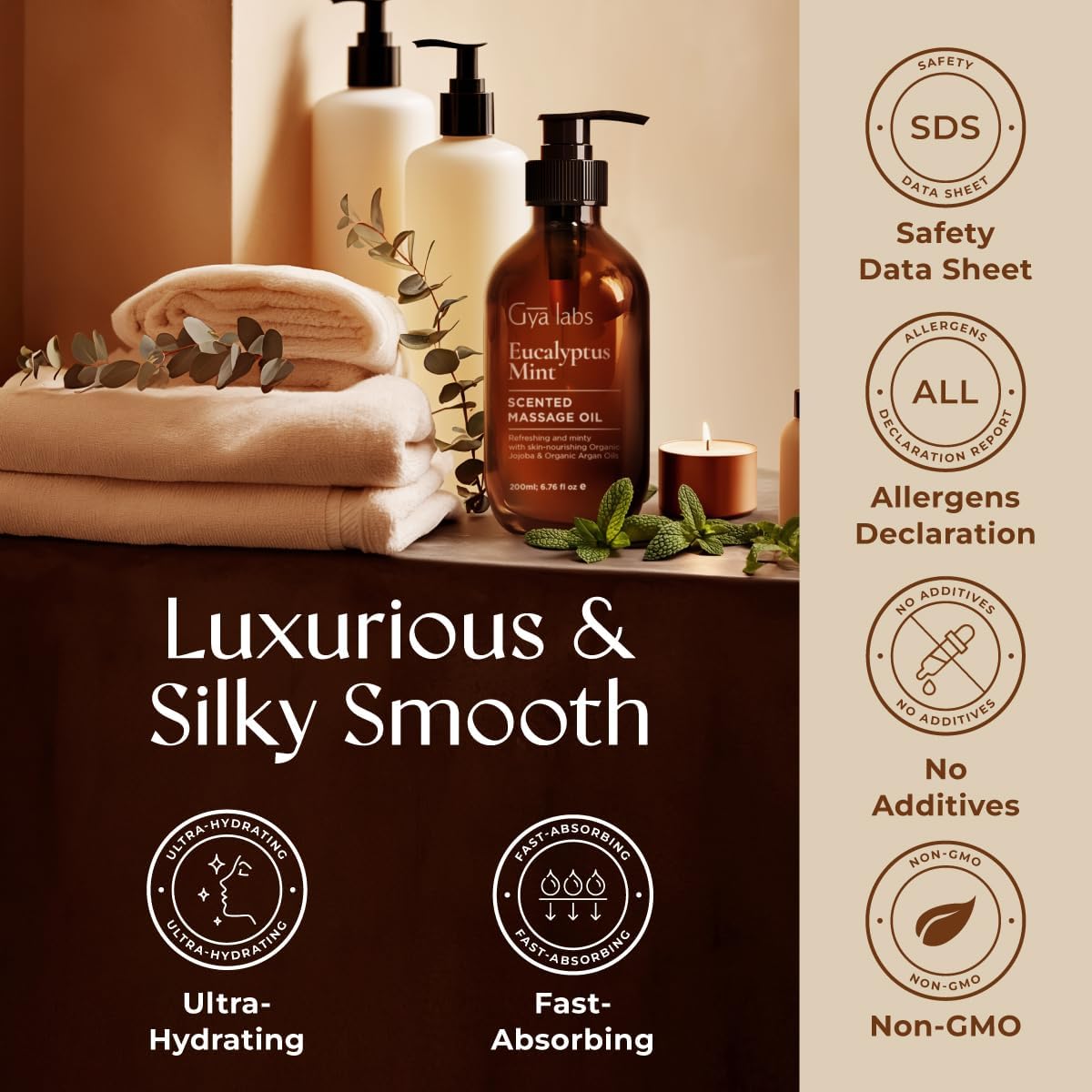 Gya Labs Eucalyptus Mint Massage Oil - 6.76 Fl Oz - Non-Greasy Formula for Sore Muscles, Deep Relaxation & All Skin Types - Suitable for Men & Women