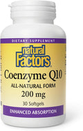 Natural Factors Coenzyme Q10 200 mg, Natural Coenzyme Q10 Supplement for Energy, Heart and Cognitive Support, 30 Softgels