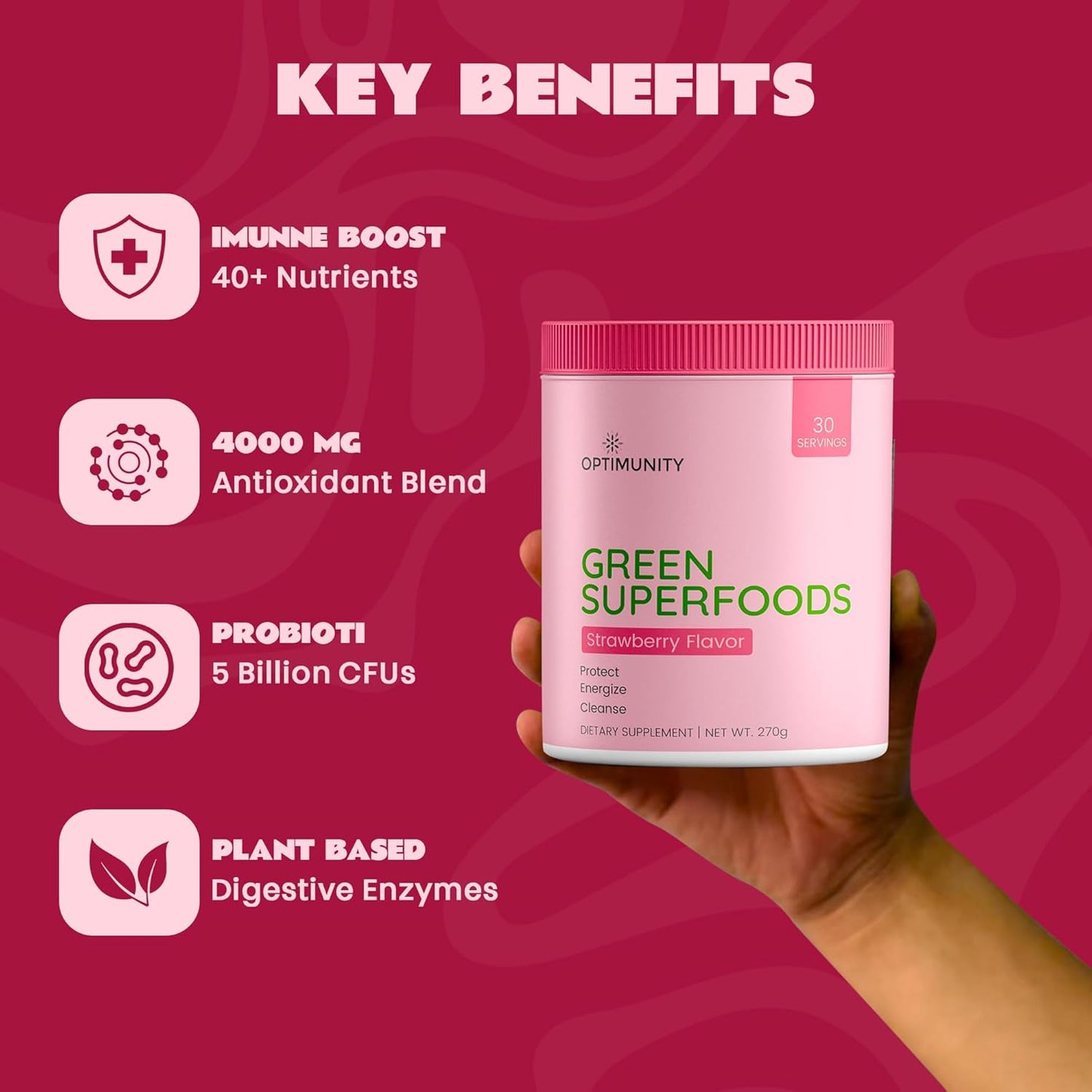 Green Superfoods Powder - Unflavored – Organic Greens Blend with Spirulina, Probiotics & Digestive Enzymes – Detox, Immune & Gut Health Support – 30 Servings (30 Servings, Strawberry)