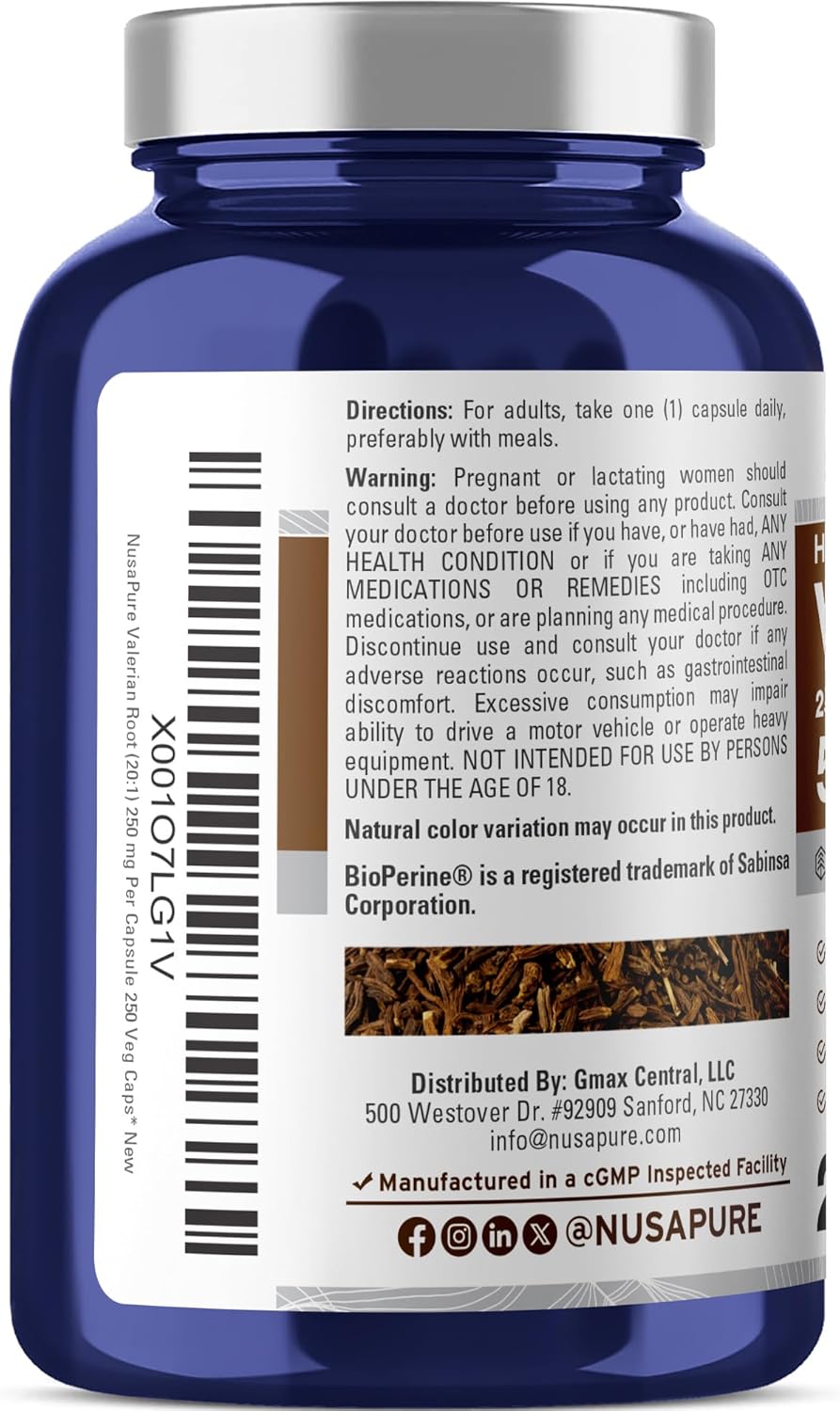 NusaPure Valerian Root 20:1 Extract, 250 mg Equivalent to 5000mg Per Veggie Caps, 250 Count, Vegan, Non-GMO, Bioperine