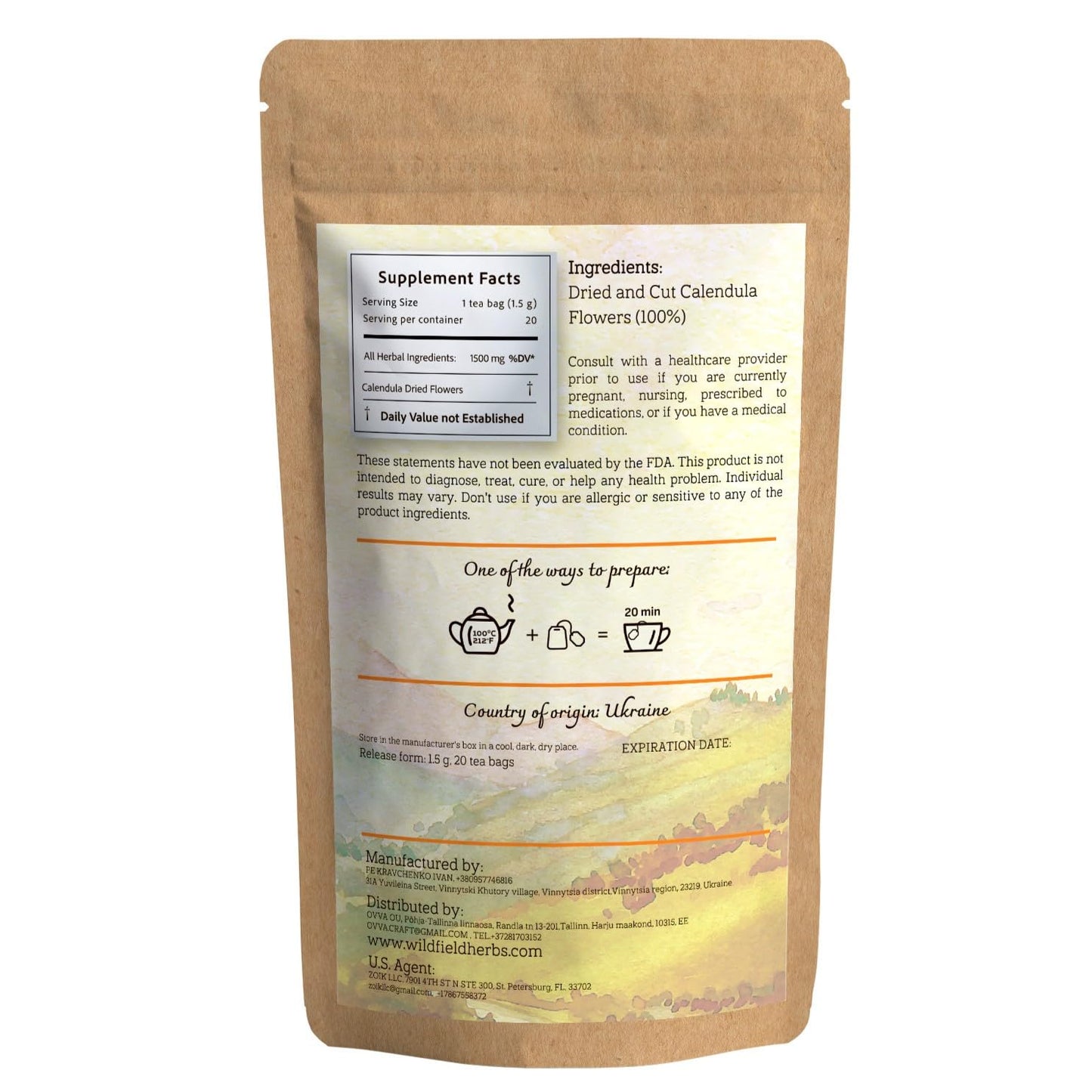 20 Bags Calendula Tea Dried Calendula Flowers Herb Herbal Tea - 20 Count 1.5 g Bags Flower Herb Kalendula