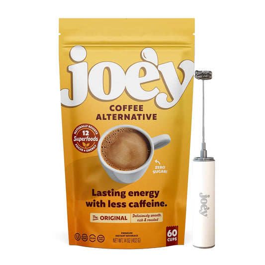 Joe'y Mushroom Coffee Alternative with Cacao and Dandelion Root, Chicory Coffee Substitute with Adaptogenic Superfoods, Vegan Gluten-Free Drink for Focus, 60 servings, and Stainless Steel Frother Wand