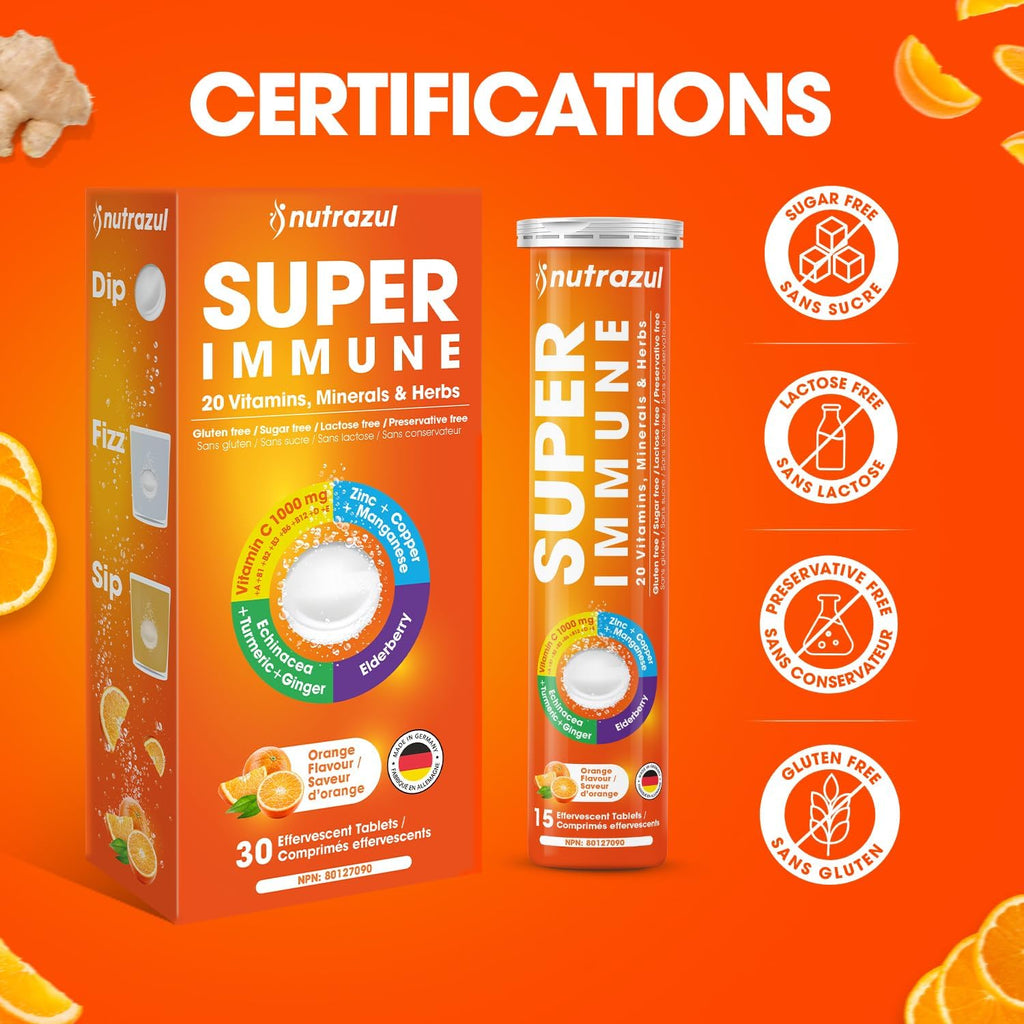 nutrazul Super Immune 30 Effervescent Tablets, 20 Vitamins & Minerals, Herbal Extracts to Support Daily Routine, Vitamin C, Zinc, Elderberry & Echinacea, Vegan, Gluten-Free, Sugar-Free, Orange Flavor