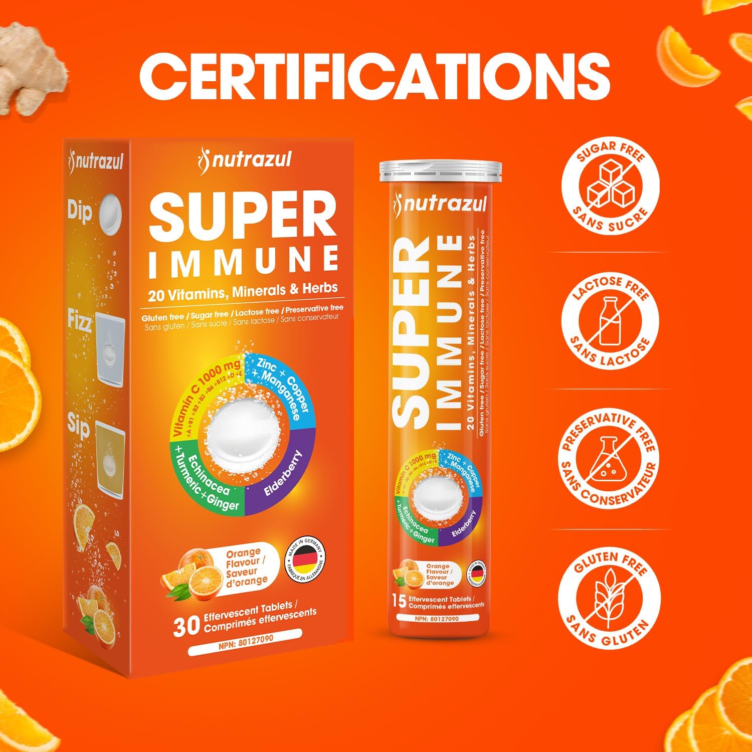 nutrazul Super Immune 30 Effervescent Tablets, 20 Vitamins & Minerals, Herbal Extracts to Support Daily Routine, Vitamin C, Zinc, Elderberry & Echinacea, Vegan, Gluten-Free, Sugar-Free, Orange Flavor