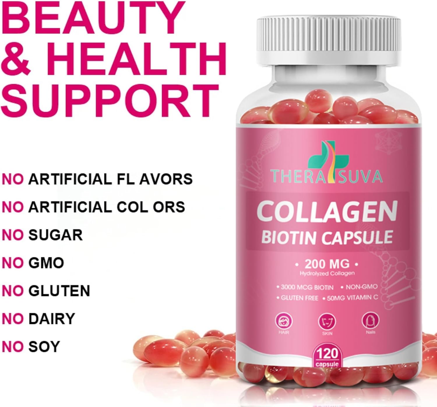Multi Collagen Complex 200MG + Biotin 3000MCG + Vitamin C 50MG - Promotes Healthy Hair, Beautiful Skin, and Nail Support! 120 Capsules, 60 Day Supply