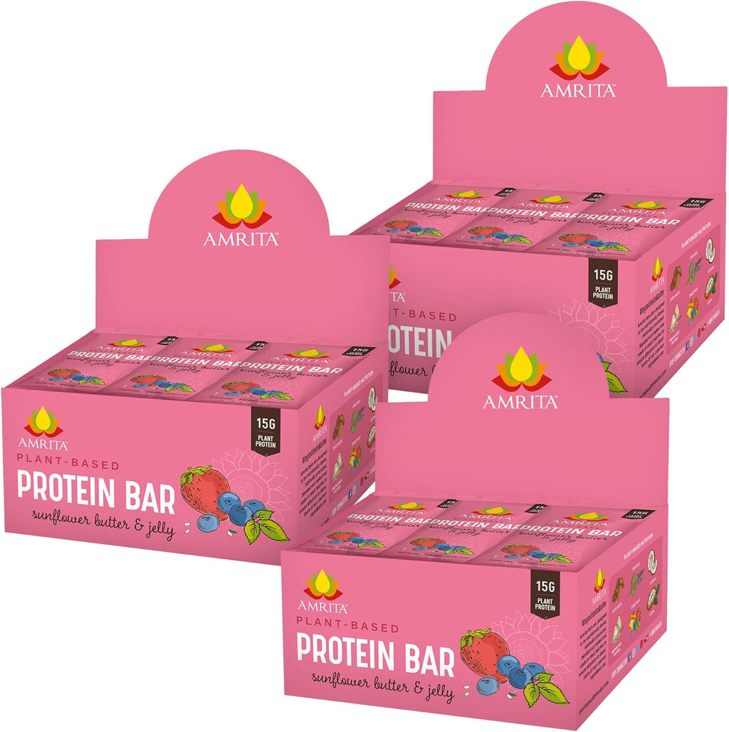 Amrita Nut Free Sunflower Butter & Jelly Vegan Protein Bars ( 12 CT PK of 3 ) | 11g Plant-Based Protein Bar | Peanut Free, Gluten Free, and Dairy Free | Low Sugar, High Fiber, Healthy School-Safe Snacks