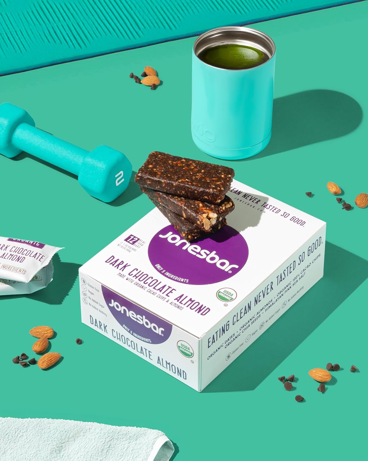 JONESBAR Organic Plant Based Protein Bars | Dark Chocolate Almond | Fruit & Nut Bar, Kosher, Gluten Free, Breakfast Bars, School Snacks, Vegan Snack & Healthy Snacks for Adults and Kids (Pack of 12)