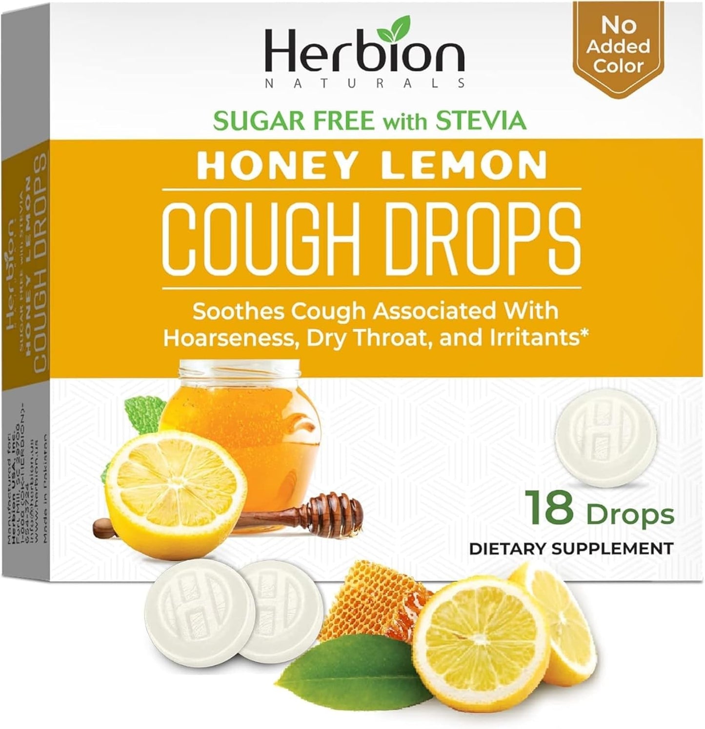 HERBION Naturals Cough Drops, Sugar-Free with Stevia, Dietary Supplement, Soothes Cough, for Adults & Children Over 6 Years, 25 Drops Each, 108 Count, Honey Lemon, Pack of 6