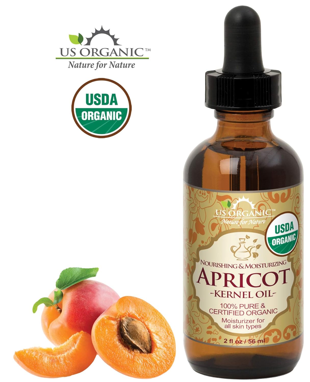 US Organic Apricot Kernel Oil, USDA Certified Organic,100% Pure & Natural, Cold Pressed Virgin, Unrefined in Amber Glass Bottle w/Glass Eyedropper for Easy Application (2 oz (Small))