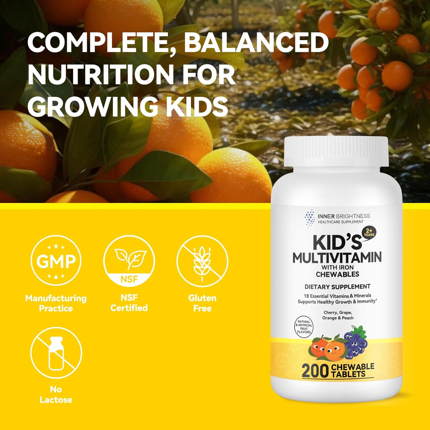 Children's Chewable Multivitamin - 18 Essential Vitamins & Minerals for Kids, Supports Bone, Focus & Immune Health, Vegetarian, Gluten Free, Non GMO - 200 Chewables, Mixed Fruit Flavor