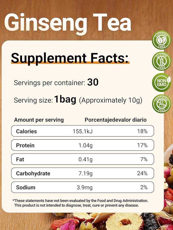 Ginseng Six Treasures Tea - 30 Bags (15 Day + 15 Night), The Daily Glow Duo: Energy & Beauty Tea, Caffeine-Free, Pure Herbal Blend with 10 Traditional Chinese Herbs, Gentle Energy & Focus for Women