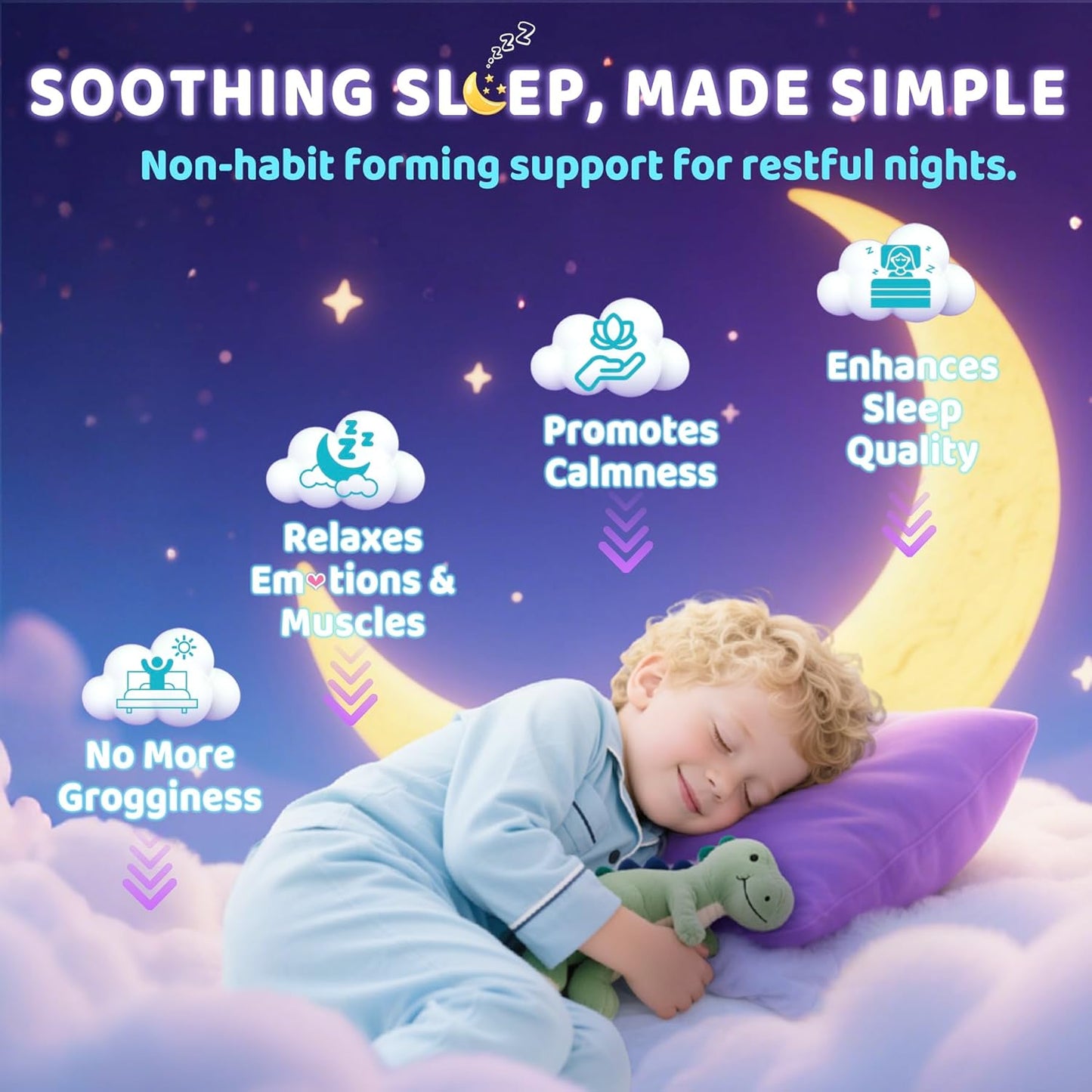 Kids Sleep Gummies, NO Melatonin Sleep Aid Gummies w/Magnesium Glycinate, Magnesium Malate, L-Theanine, Lavender, B6, Zinc, D3K2 for Restful Sleep, Relax Brain & Muscle, Immune Support, Non-GMO 1Pack