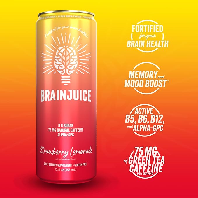 Brainjuice Brain Health Support Drink for Energy & Focus, Vitamin C, B5, B6 & B12, L Theanine, Alpha GPC & Natural Caffeine From Green Tea, Vegan, Gluten Free, Strawberry Lemonade, 12 Oz Can, 6 Pack