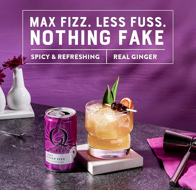 Q LIGHT GINGER BEER with Real Ginger & Organic Agave - Ideal for Cocktails & Mocktails - Made with Real Ingredients, Perfectly Carbonated, & Less Sweet - 40 Calories per Can - 7.5 Fl oz (Pack of 24)