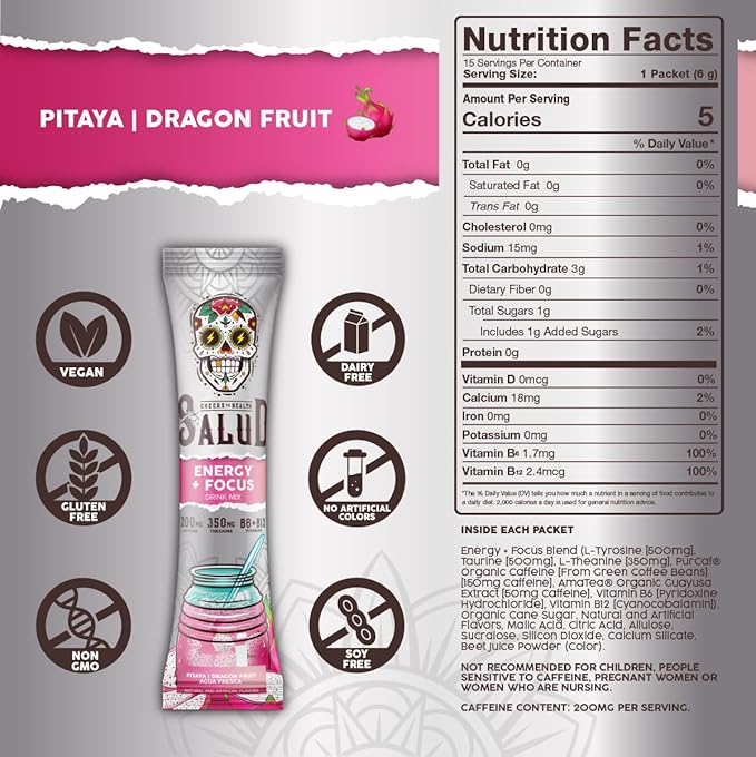 Salud 2-in-1 Energy Drink Powder + Focus, Dragon Fruit, Organic Caffeine, B6 + B12, Theanine, Clean Energy Drink Packets, Pitaya Agua Fresca Mix, Non-GMO, Gluten Free, Vegan, 1g of Sugar, (15 Servings)