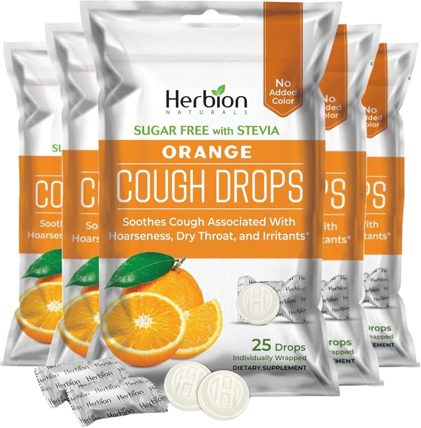 HERBION Naturals Cough Drops with Orange Flavor, Sugar-Free with Stevia, Soothes Cough, for Adults and Children Over 6 Years – Pack of 5(125 Lozenges)