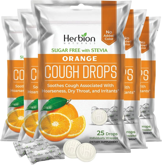 HERBION Naturals Cough Drops with Orange Flavor, Sugar-Free with Stevia, Soothes Cough, for Adults and Children Over 6 Years – Pack of 5(125 Lozenges)