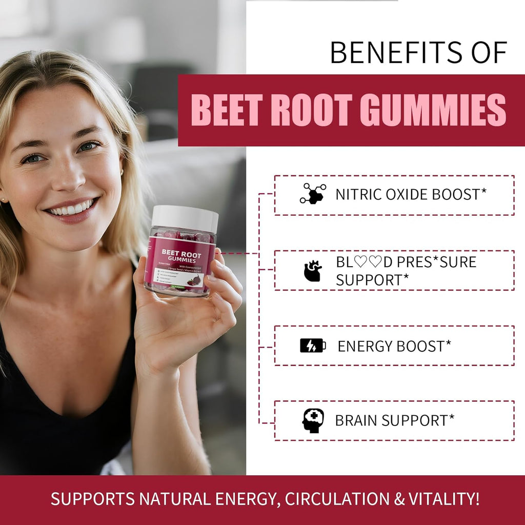 M inch Beet Root Gummies with Nitric Oxide Supplement with Beetroot, Grape Seed, Coq10, Folic Acid, Vitamin C, B3 & B12 for Energy Boost & Circulation Support, Pomegranate Flavor, 2 Packs