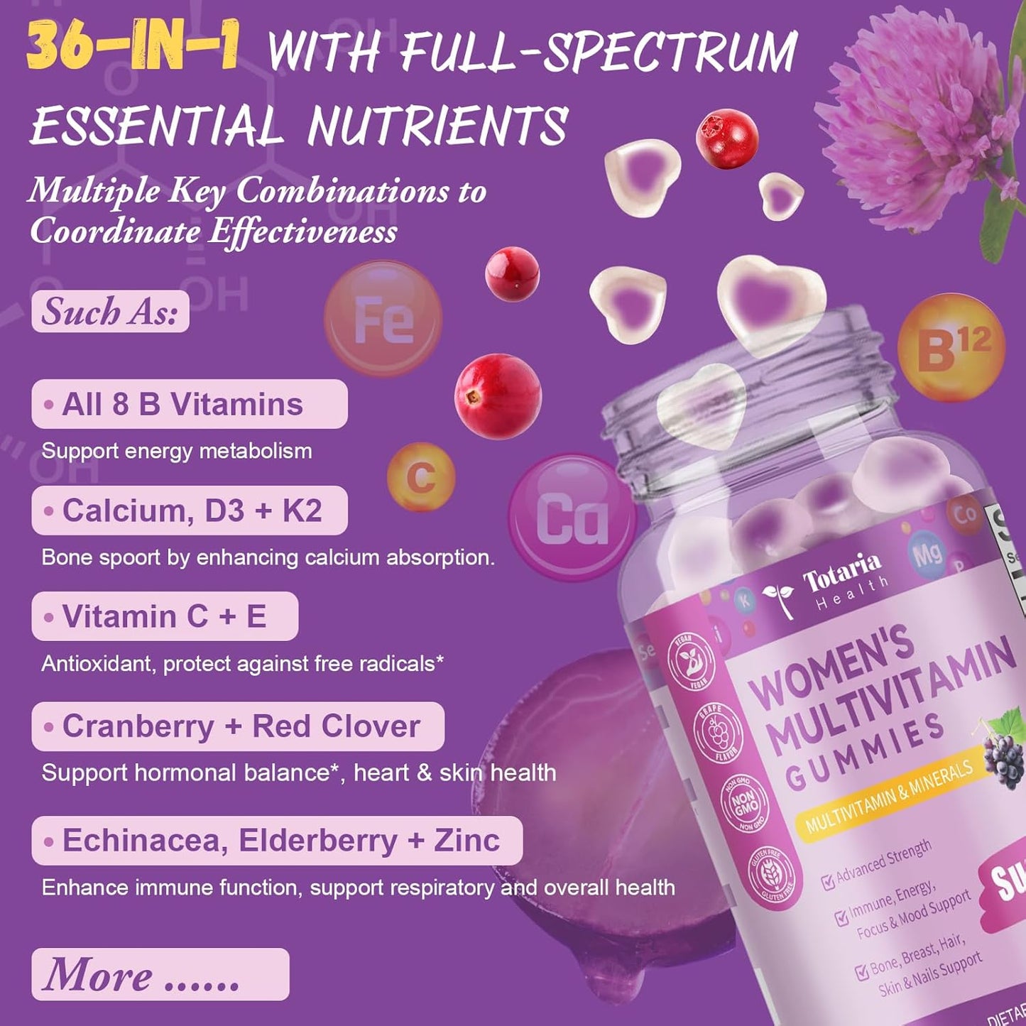 Totaria Sugar Free Multivitamin Gummies for Women 14+ w/Iron, Inositol, Folate, Biotin, Womens Daily Multivitamin Gummy w/Vitamin A, C, B, D3, K2, for Hair, Skin, Energy, Immune, Grape Flavor