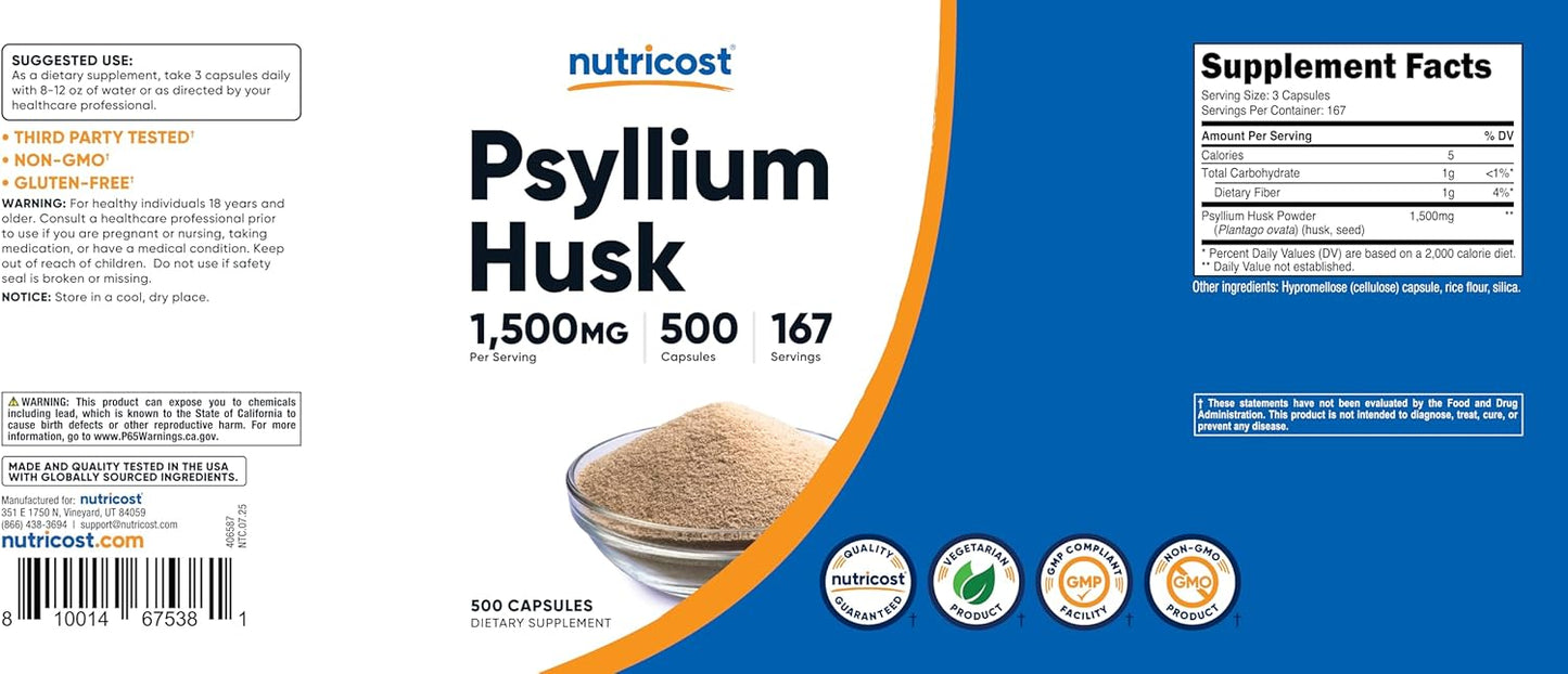 Nutricost Psyllium Husk 1500mg Per Serving, 500 Capsules - Non-GMO & Gluten Free