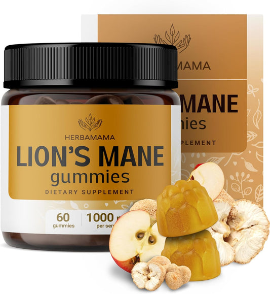 HERBAMAMA Lion's Mane Gummies - 1000mg Lion's Mane Mushroom for Brain Clarity Support - Vegan, Non-GMO Focus Supplement for Adults - 60 Pectin-Based Apple-Flavored Chews