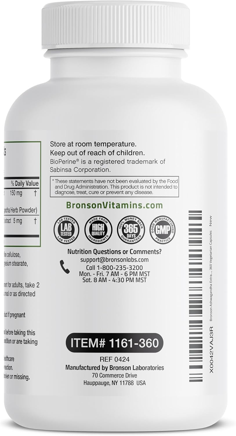 Bronson Ashwagandha Extra Strength Stress & Mood Support with BioPerine - Non GMO Formula, 360 Vegetarian Capsules