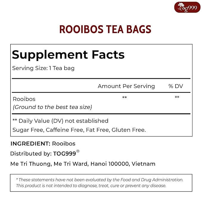 TOG999, 135 Premium Red Rooibos Tea Bags, 100% Natural & Pure from Rooibos Tea Leaves. Loose Leaf Rooibos Herbal Tea. Made with Natural Material Tea Bags. No Sugar, No Caffeine, No Gluten, Vegan.