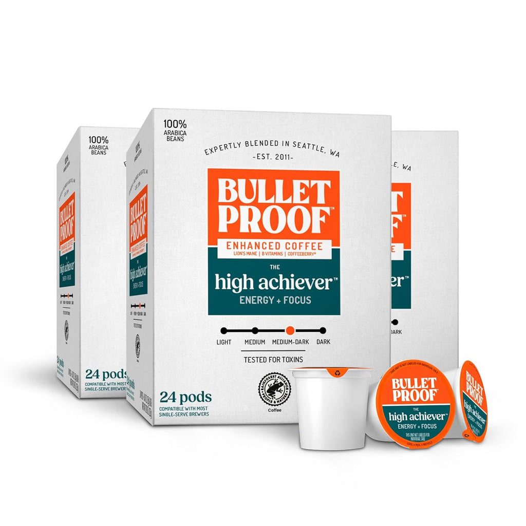 Bulletproof The High Achiever Single-Serve Pods, 72 count, Medium-Dark Roast Enhanced Coffee with Lion's Mane Mushroom, B Vitamins, and Adaptogens for Energy and Focus