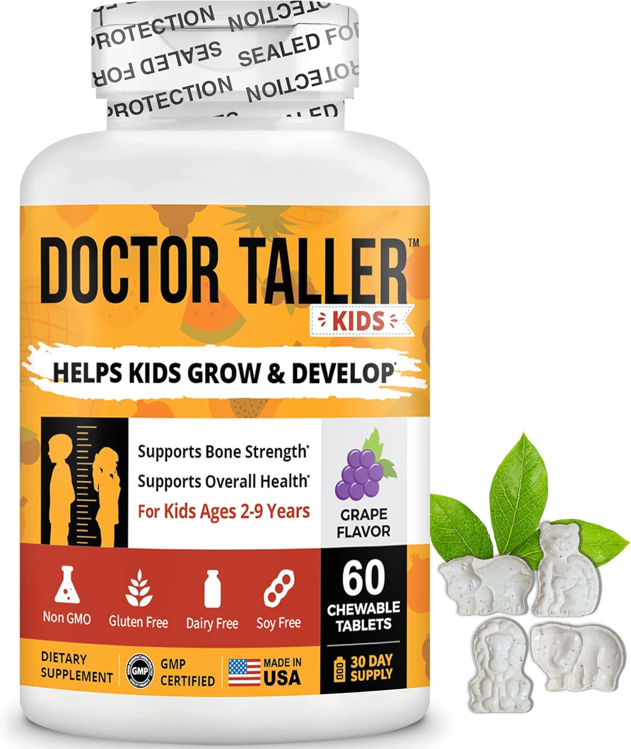 Doctor Taller Kids - Kids Multivitamins, Toddler Vitamins - Support Healthy Bone Growth and Bone Strength for Ages 2 to 9 - Grape Flavor - 60 Vegan Chewable Tablets | 6 Pack