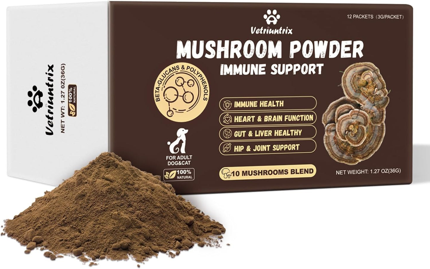 Turkey Tail Mushroom for Dogs, Organic 10 Mushroom Blend for Lipoma Lumps and Bumps, Probiotic Mushroom Powder with 50% β-Glucan for Dogs & Cats, Joint Gut Immune Skin Support-30 Day Supply