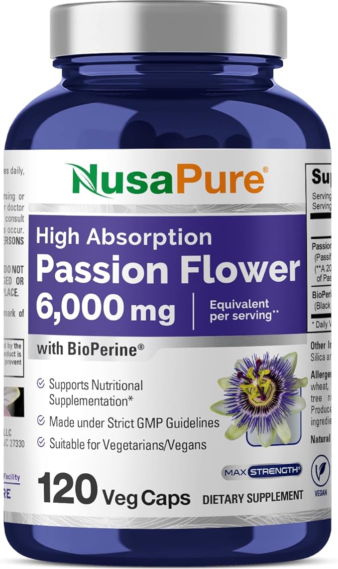 NusaPure Passion Flower 20:1 Extract, 300 mg Equivalent to 6,000mg, 120 Veggie Caps, Non-GMO, Bioperine, Extract Supplement