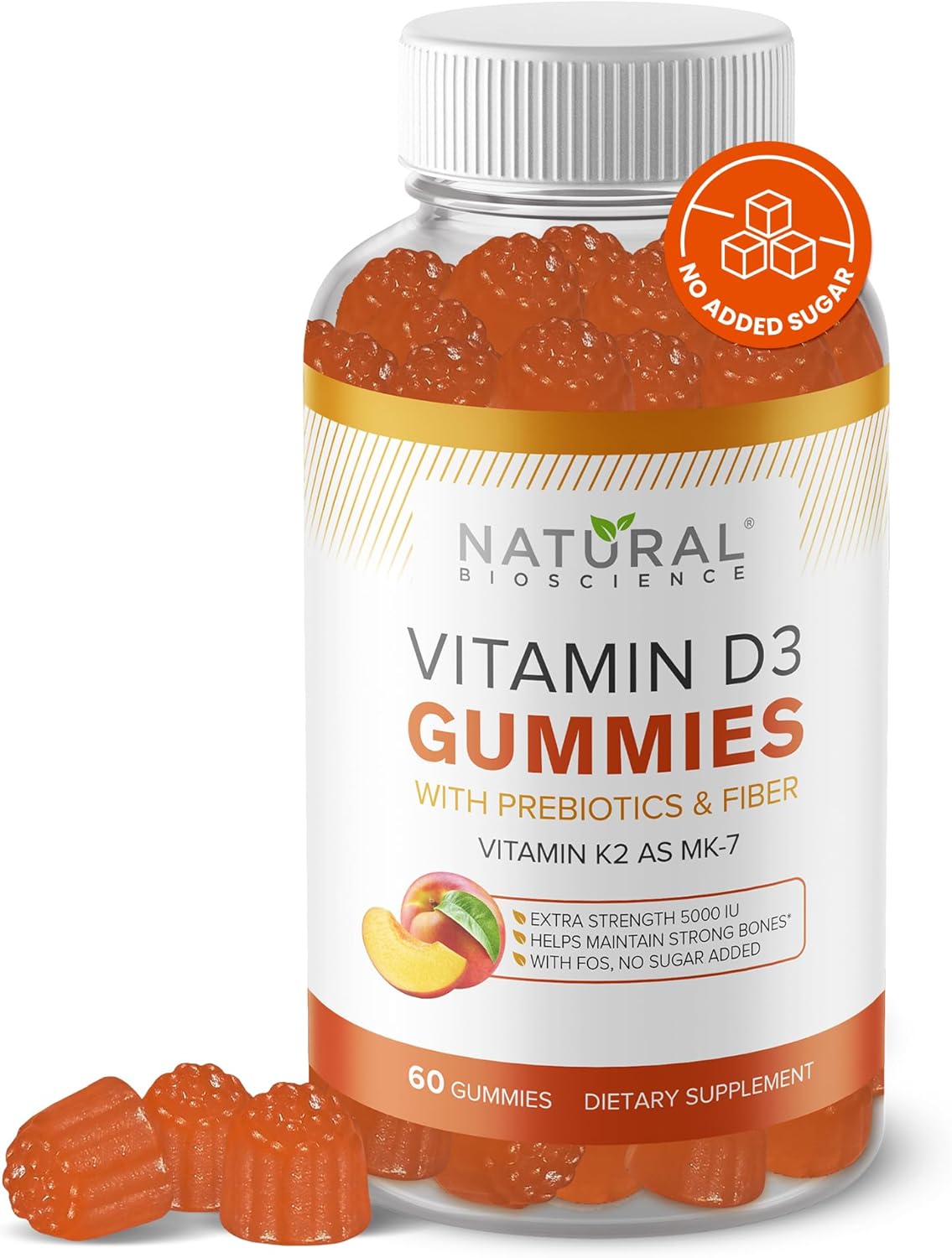 Sugar Free Vitamin D3 K2 Gummies - Vitamin D3 Gummies 5000 IU+K2 MK7 80 mcg, K2 D3 Vitamin Supplement Adults, Vitamin D K2 for Bones, Immune, Heart, Mood, Gluten-Free, Non-GMO, Natural Peach Flavor
