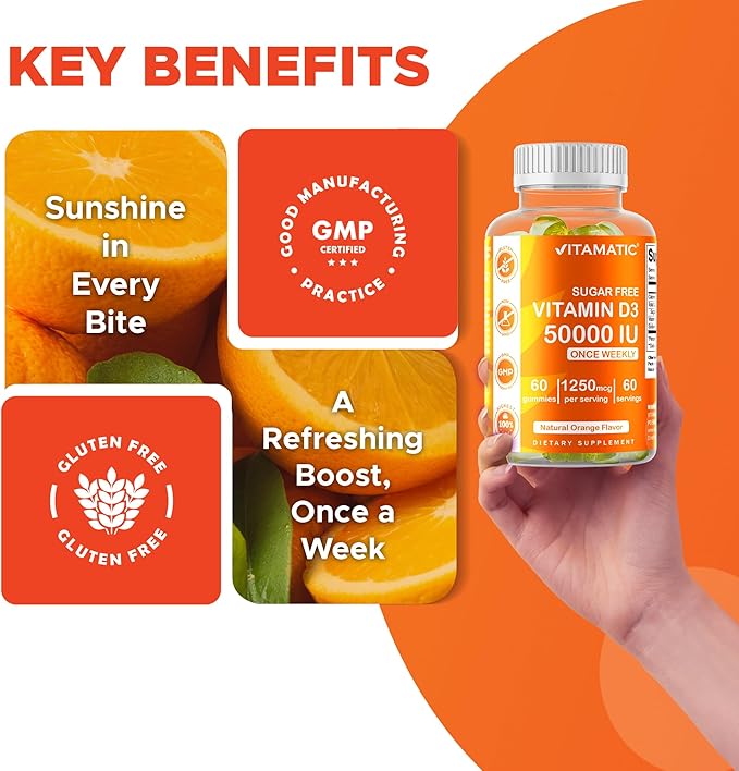 Vitamatic Sugar Free Vitamin D3 50,000 IU Weekly Supplement – 60 Pectin-Based Gummies High-Potency Vitamin D for Bone, Teeth & Immune Support