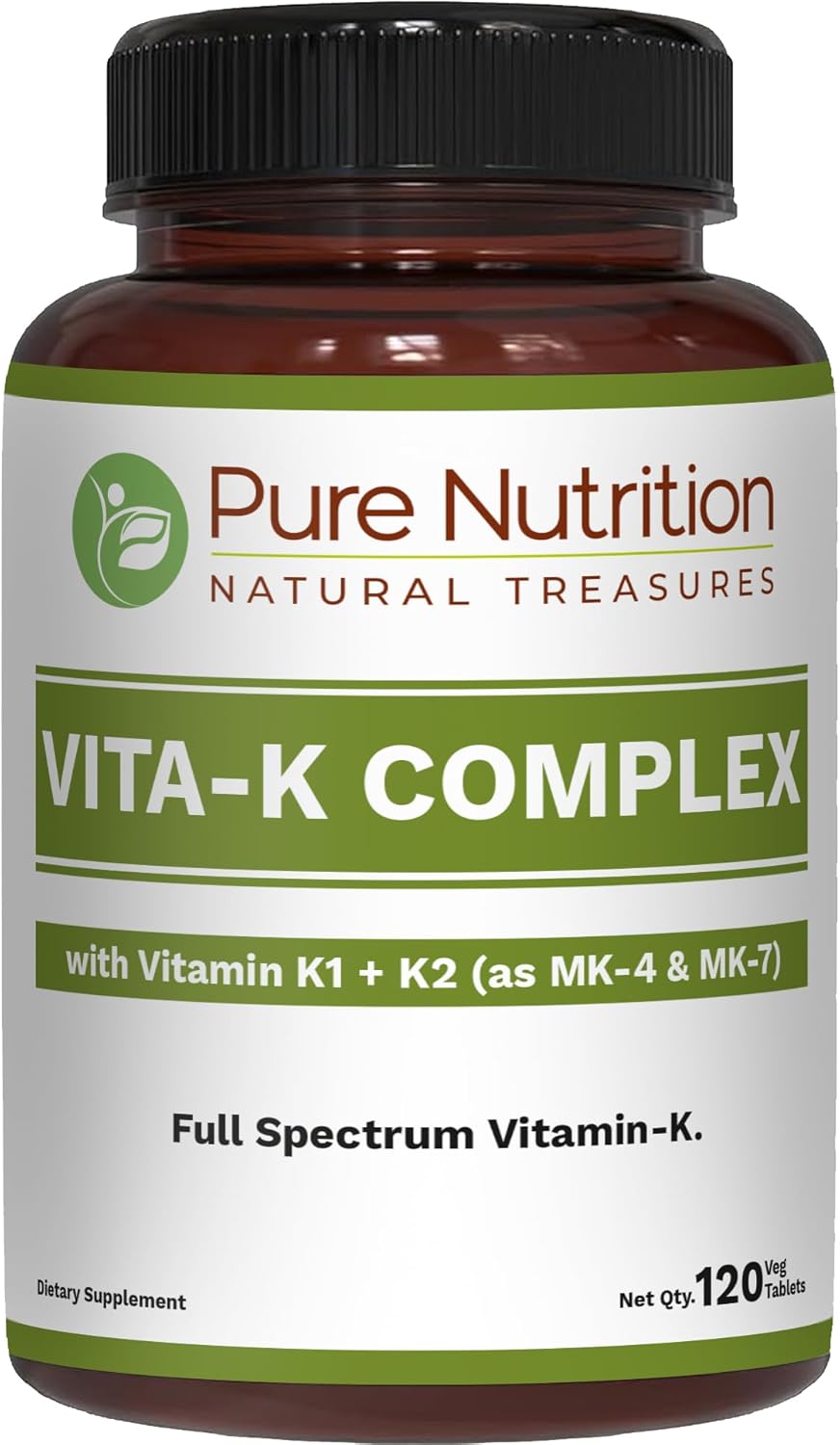 Pure Nutrition Vitamin K Complex K1 + K2 | 2250 mcg | 120 Tab | Full Spectrum K Vitamin Supplement with K1 1000mcg, K2 as MK4 1000mcg + K2 as MK7 250 mcg | Non GMO | Gluten Free